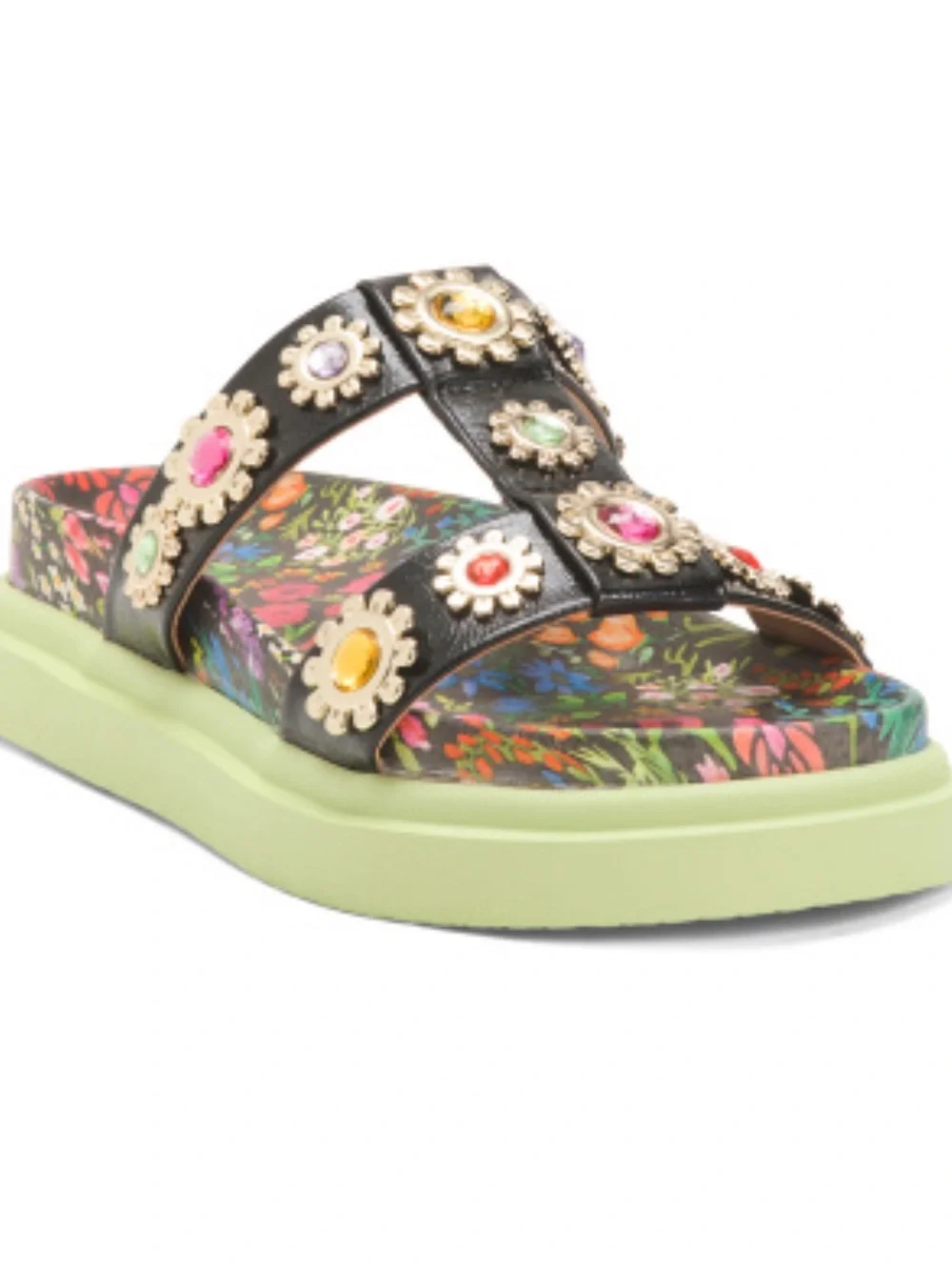 Betsey Johnson Embellished Floral Platform Slide Sandal in Black and Lime